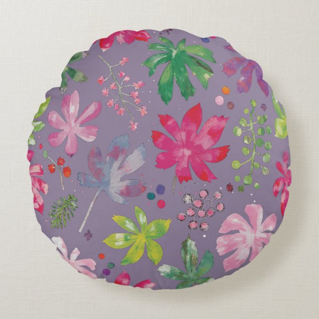 Purple Floral Round Pillow – Pink Garden Pattern  Rund Kudde (Framsidan)