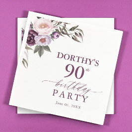 Purple Floral Script 90th Birthday  Pappersservett
