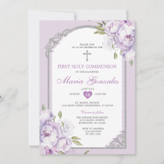 Purple Floral Silver Cross First Holy Communion Inbjudningar