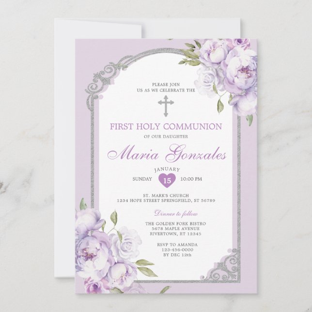 Purple Floral Silver Cross First Holy Communion Inbjudningar (Framsida)