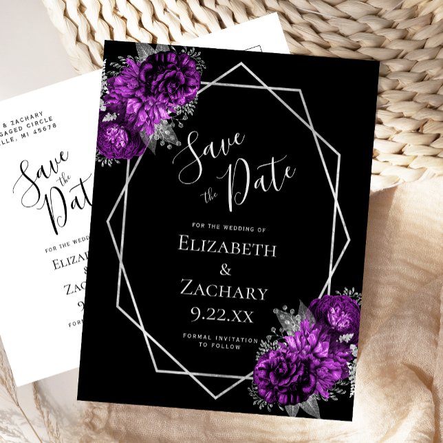 Purple Floral Silver Geo Frame Black Save the Date Vykort (Skapare uppladdad)