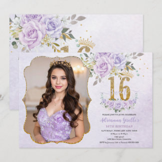 Purple Floral Sweet Sixteen 16th Birthday Photo Inbjudningar