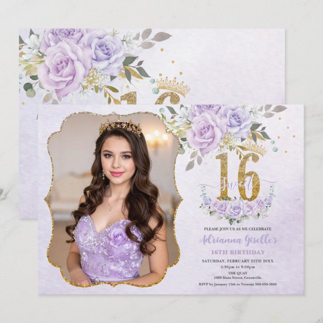Purple Floral Sweet Sixteen 16th Birthday Photo Inbjudningar (Fram/baksida)