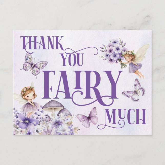 Purple Floral Thank You Fairy Much Vykort (Framsida)
