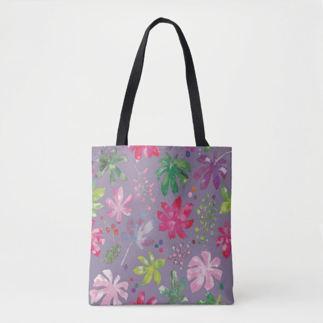 Purple Floral Tote Bag – Pink & Green Botanical  Tygkasse (Framsida)