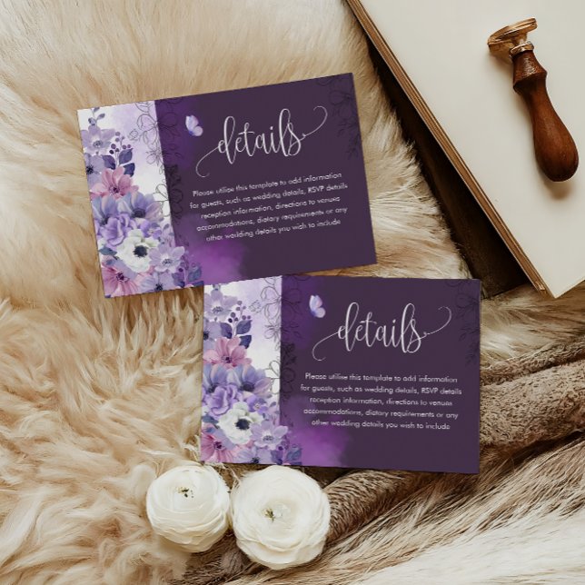 Purple Floral Wedding Details Card Tilläggskort (Skapare uppladdad)