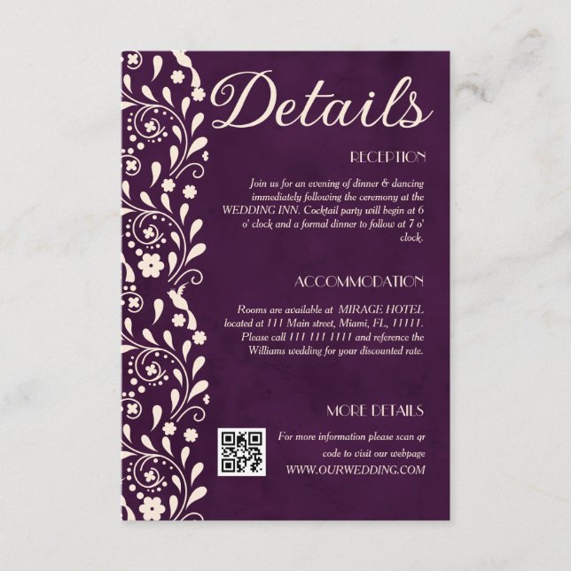 Purple Floral Wedding Details QR code Tilläggskort (Framsida)