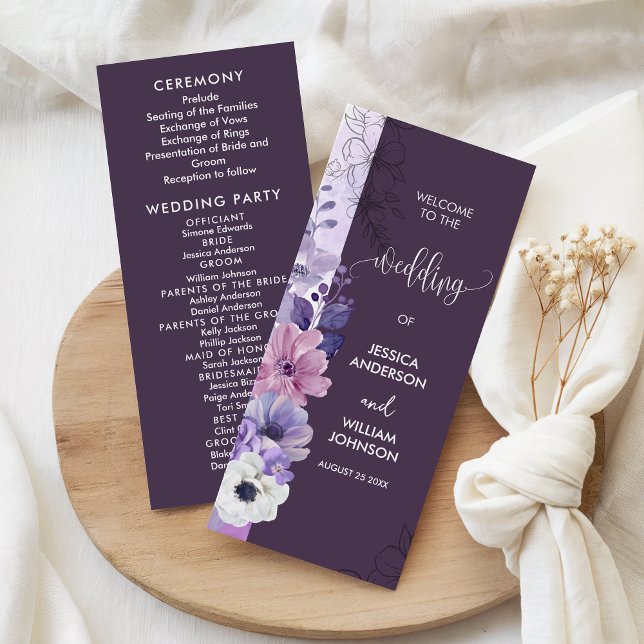 Purple Floral Wedding Program Card (Skapare uppladdad)