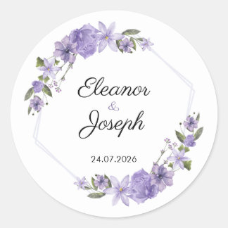 Purple Floral Wedding Sticker Circle Label Runt Klistermärke
