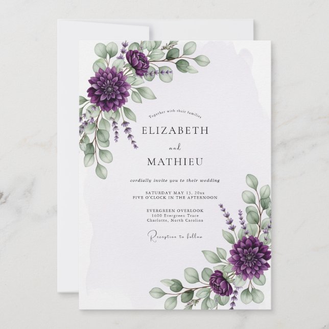 Purple Flourishing Eucalyptus Wedding Inbjudningar (Framsida)
