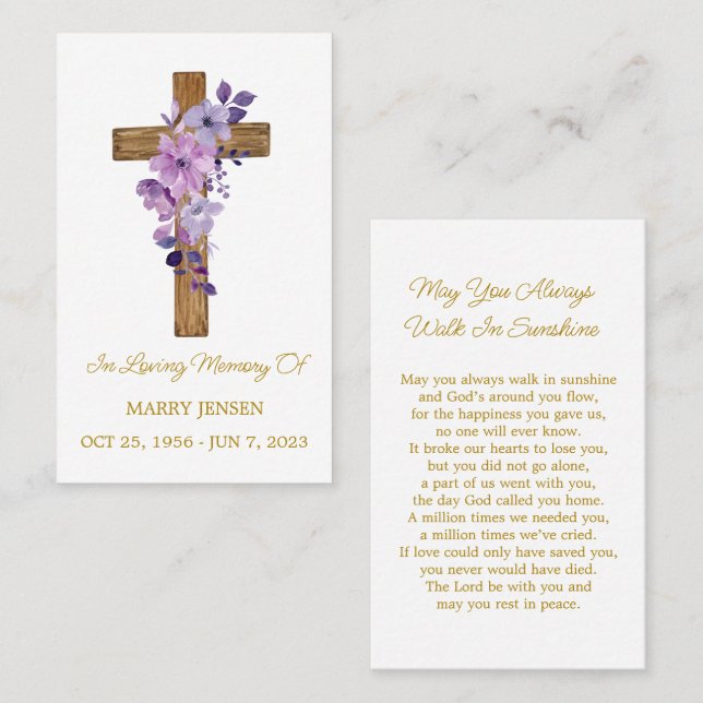 Purple flower Cross Memorial Funeral Prayer Card Visitkort (Fram/baksida)