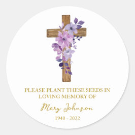 Purple Flower Cross Memorial Funeral Seed Packet Runt Klistermärke