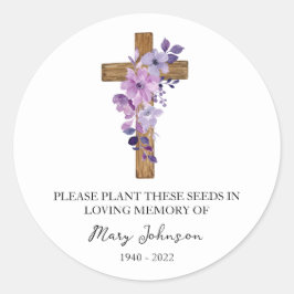 Purple Flower Cross Memorial Funeral Seed Packet Runt Klistermärke