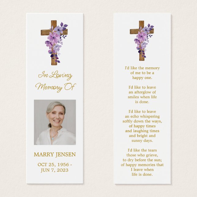 Purple flower Cross Photo Funeral Bookmark Litet Visitkort (Framsida & baksida)