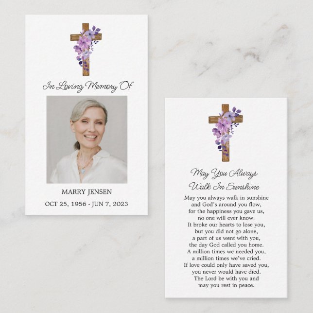 Purple Flower Cross Photo Funeral Prayer Card Visitkort (Fram/baksida)