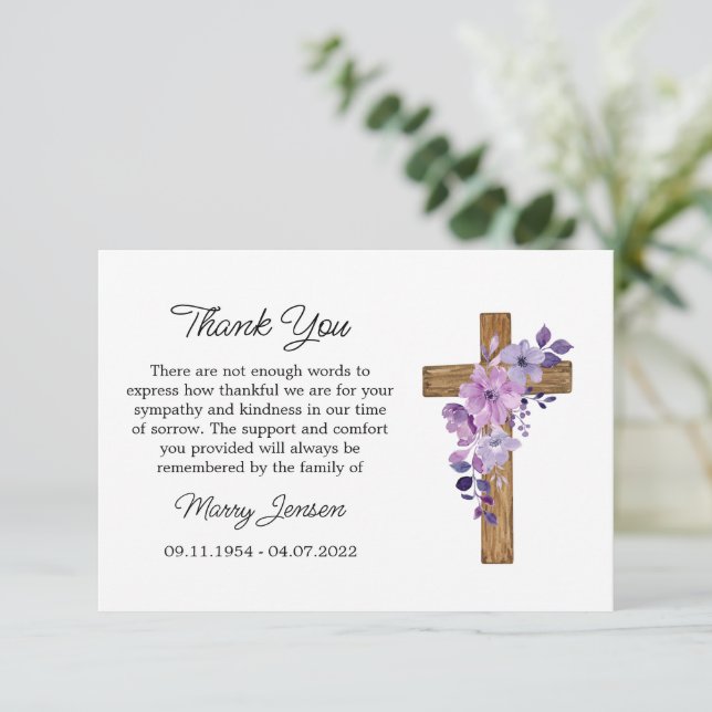 Purple flower Cross Sympathy Thank You Card Tack Kort (Stående Fram)