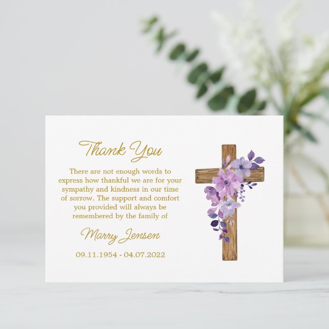 Purple flower Cross Sympathy Thank You Card Tack Kort (Stående Fram)
