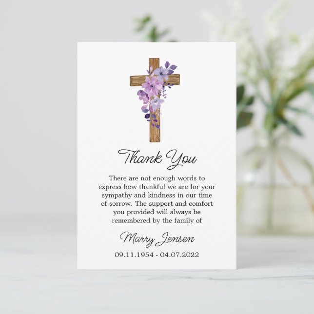 Purple flower Cross Sympathy Thank You Card Tack Kort (Stående Fram)