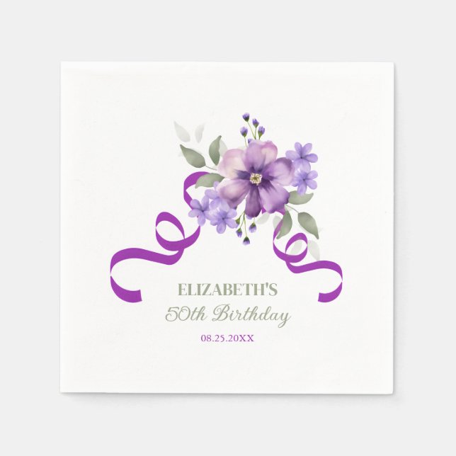 Purple Flower Greenery Ribbon Birthday Pappersservett (Framsidan)