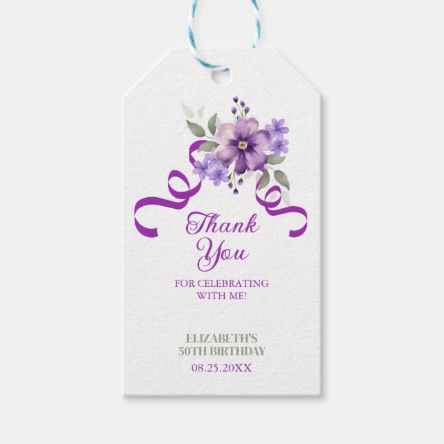 Purple Flower Greenery Ribbon Birthday Presentetikett (Framsidan)