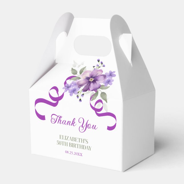 Purple Flower Greenery Ribbon Birthday Thank You Presentaskar (Framsidan Sidan)