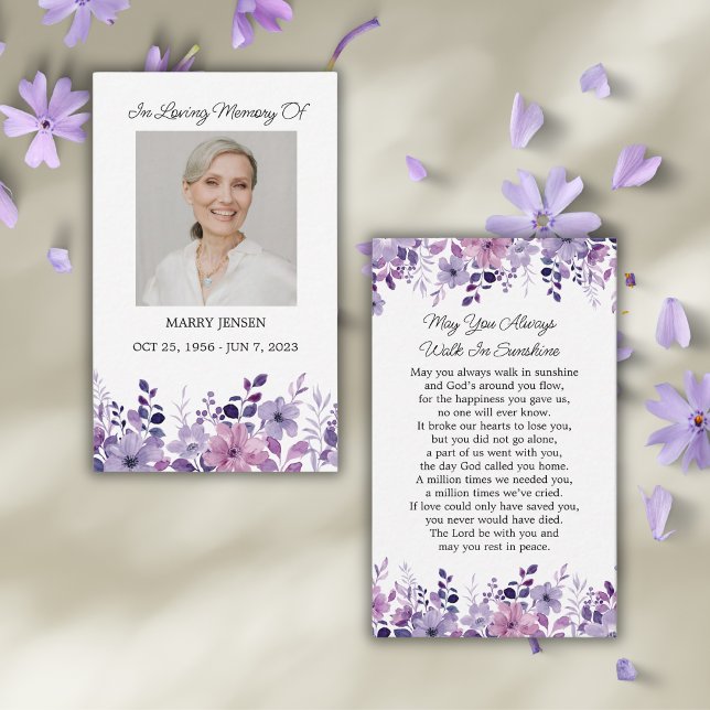 Purple Flower Memorial Photo Funeral Prayer Card Visitkort (Skapare uppladdad)