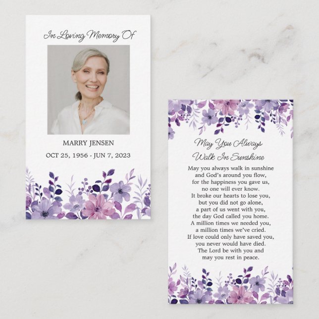 Purple Flower Memorial Photo Funeral Prayer Card Visitkort (Fram/baksida)