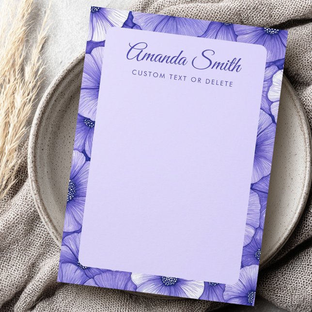 Purple flower pattern border elegant script name anteckningskort (Purple flower pattern border elegant script name note card)