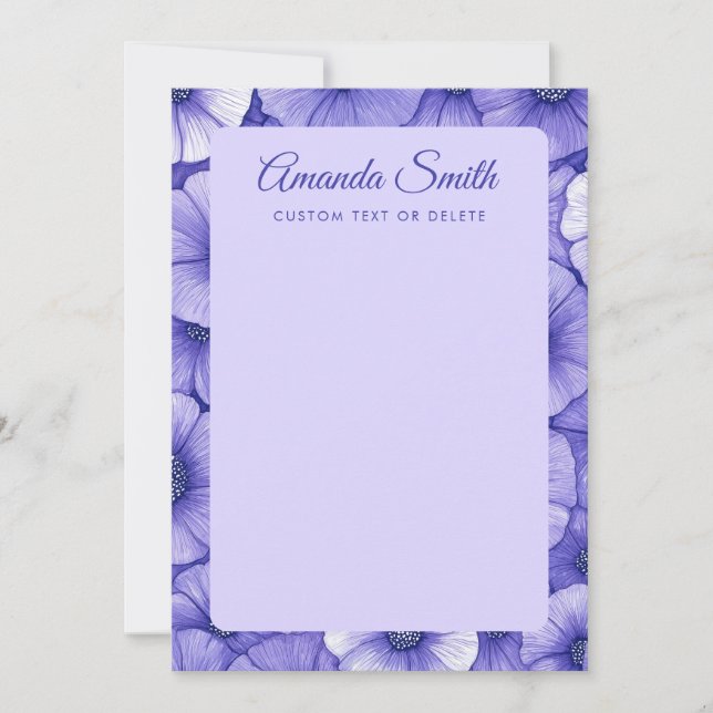 Purple flower pattern border elegant script name anteckningskort (Framsida)