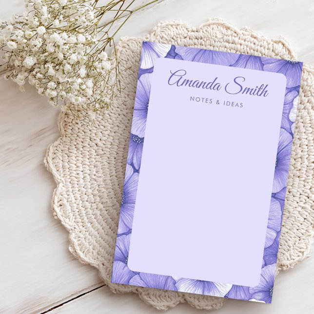 Purple flower pattern border elegant script name post-it block (Purple flower pattern border elegant script name post-it notes)