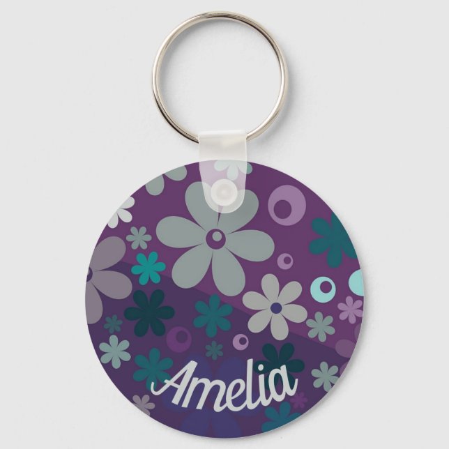 Purple Flower Pattern Cute Personalised Nyckelring (Framsida)