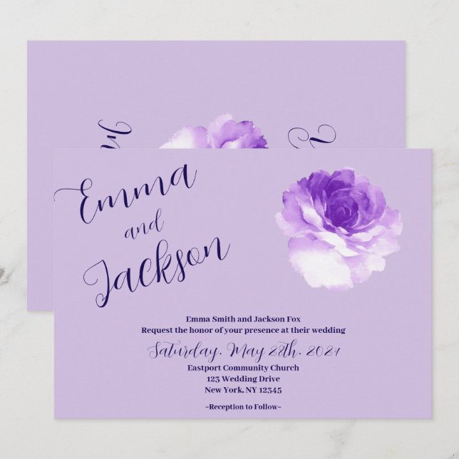 Purple Flower Script Wedding Invitation Inbjudningar (Fram/baksida)