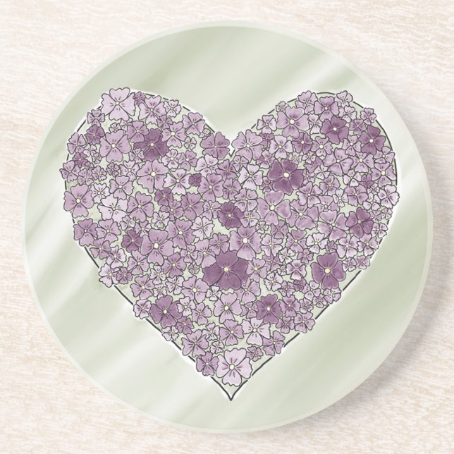 Purple flowered heart round coaster underlägg (Framsidan)