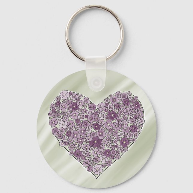 Purple flowered heart round keychain nyckelring (Framsida)