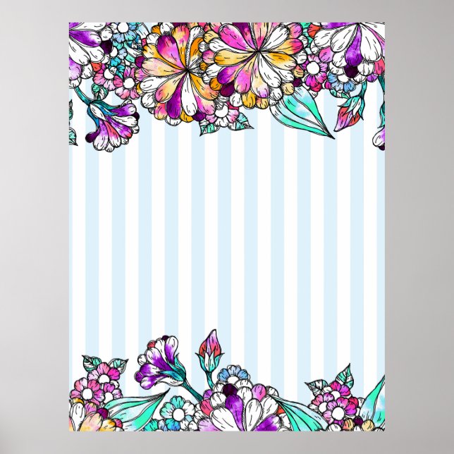 Purple flowers and light blue stripes poster (Framsidan)