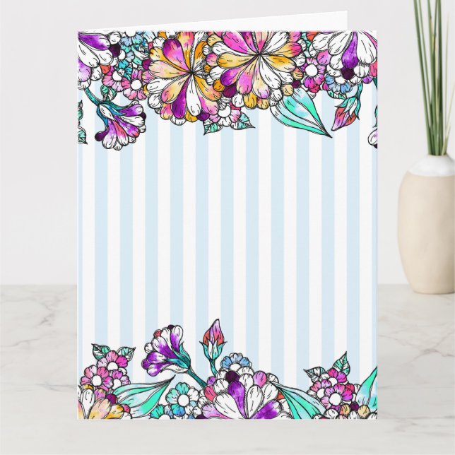 Purple flowers and light blue stripes tack kort (Framsida)