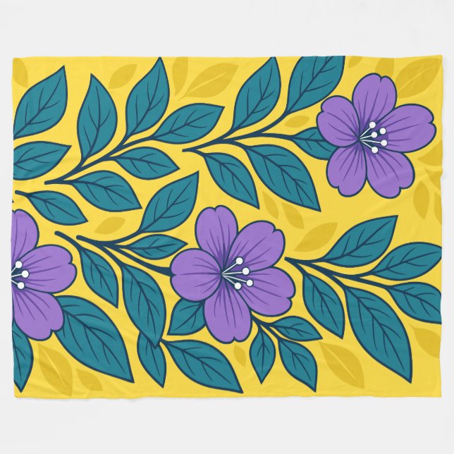 Purple Flowers & Teal Leaves on Yellow Background Fleecefilt (Framsidan (Horisontell))