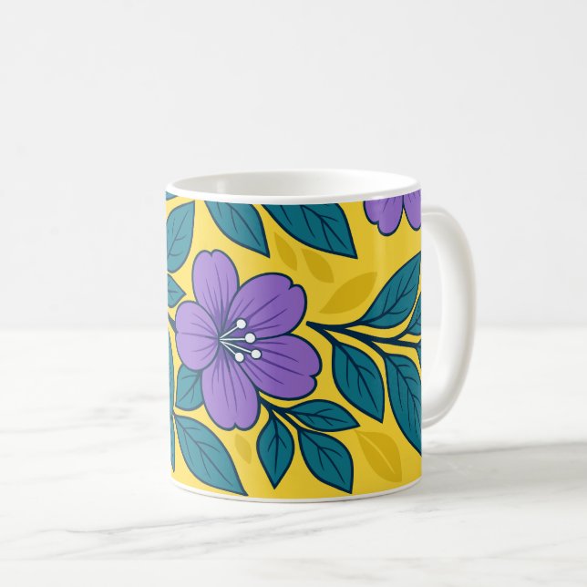 Purple Flowers & Teal Leaves on Yellow Background Kaffemugg (Framsida höger)