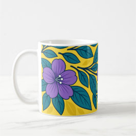 Purple Flowers & Teal Leaves on Yellow Background Kaffemugg