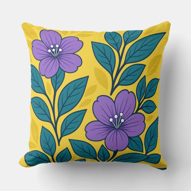 Purple Flowers & Teal Leaves on Yellow Background Kudde (Framsida)