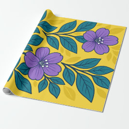 Purple Flowers & Teal Leaves on Yellow Background Presentpapper