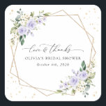 Purple Flowers, White Flowers, Boho, Bridal Shower Fyrkantigt Klistermärke<br><div class="desc">Add a personal touch to your bridal shower celebration with these stylish and memorable party items! Design features purple and white watercolor flowers,  greenery,  gold confetti and gold frame on white background.</div>