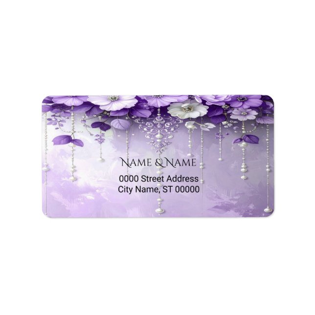Purple Flowers with Dangling Pearls Address Label Adressetikett (Framsidan)
