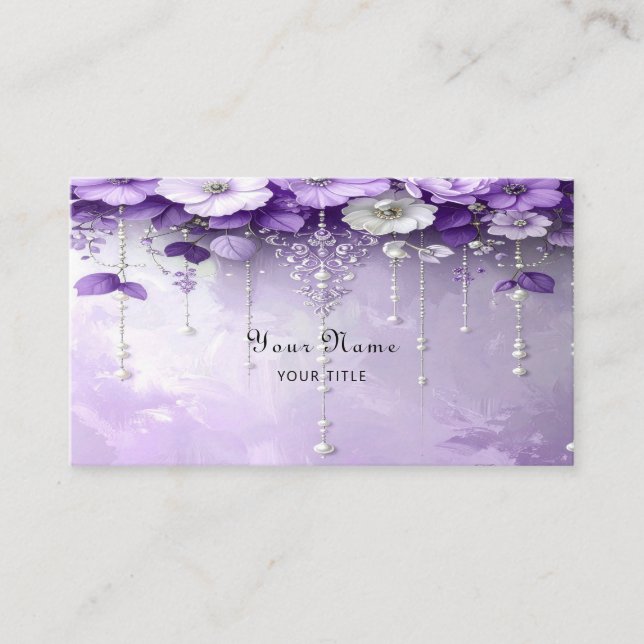 Purple Flowers with Dangling Pearls Business Card Visitkort (Framsida)