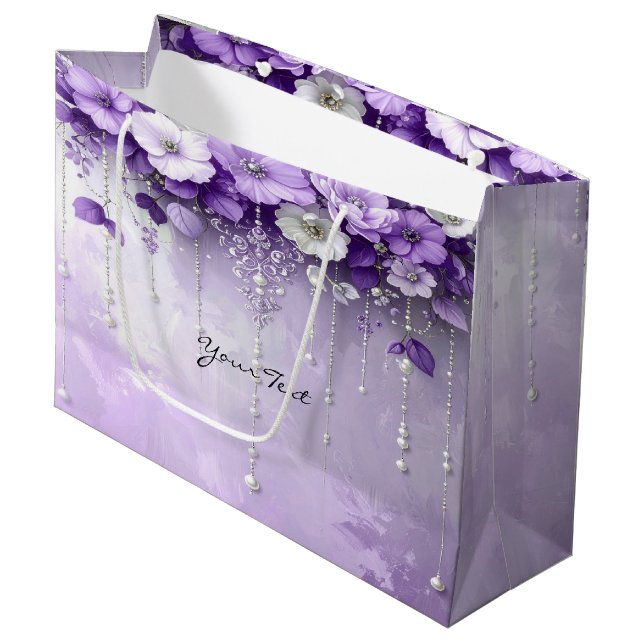Purple Flowers with Dangling Pearls Gift Bag (Framsidan Vinklad)