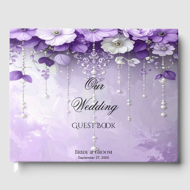 Purple Flowers with Dangling Pearls Guest Book Gästböcker (Framsida)