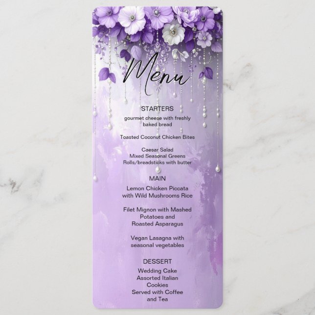 Purple Flowers with Dangling Pearls Menu Meny (Framsida)