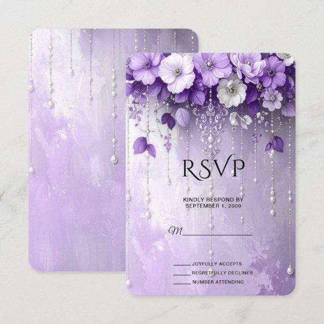 Purple Flowers with Dangling Pearls RSVP Card OSA Kort (Fram/baksida)