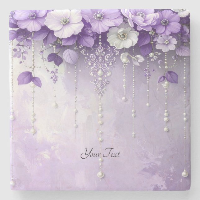 Purple Flowers with Dangling Pearls Stone Coaster Stenunderlägg (Framsidan)