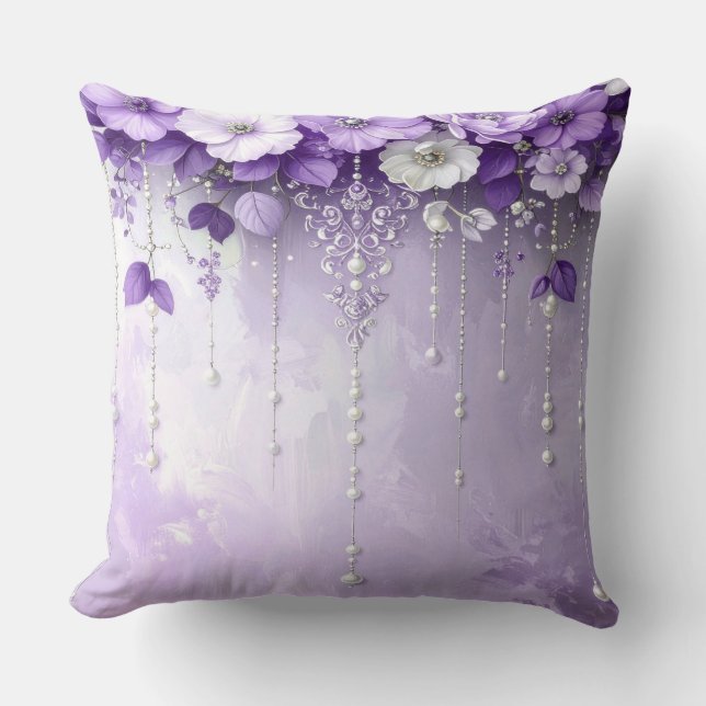 Purple Flowers with Dangling Pearls Throw Pillow Kudde (Framsida)